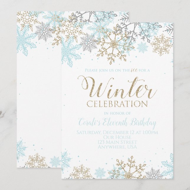 Invitación Cumpleaños Copos de Nieve Azul Oro Invierno (Anverso / Reverso)