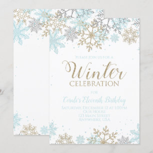 Invitación Cumpleaños Copos de Nieve Azul Oro Invierno
