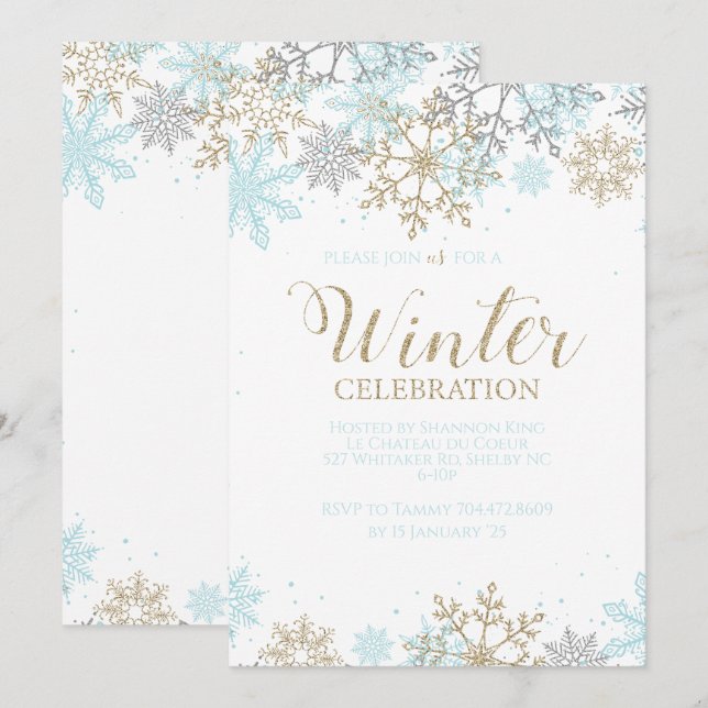 Invitación Cumpleaños Copos de Nieve Azul Oro Invierno (Anverso / Reverso)