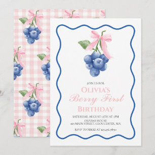 Invitación Cumpleaños Coquette Berry First Arándano Lazo Rosa