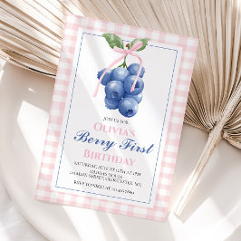 Invitación Cumpleaños Coquette Berry First Arándano Lazo Rosa