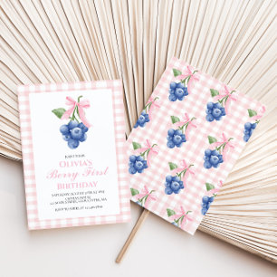Invitación Cumpleaños Coquette Berry First Arándano Lazo Rosa