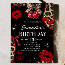 Invitación Cumpleaños Coquette Cheetah Leopardo Cereza