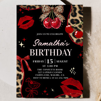 Invitación Cumpleaños Coquette Cheetah Leopardo Cereza