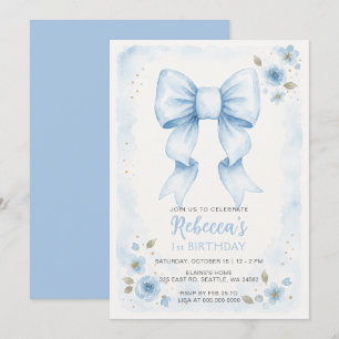 Invitación Cumpleaños Coquette con Lazo Azul Floral Acuarela