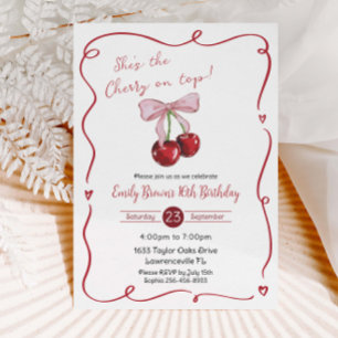 Invitación Cumpleaños Coquette con lazo rosa Cherry on Top