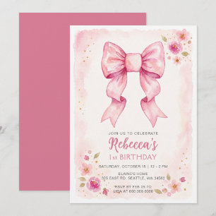 Invitación Cumpleaños Coquette de lazo rosa floral acuarela