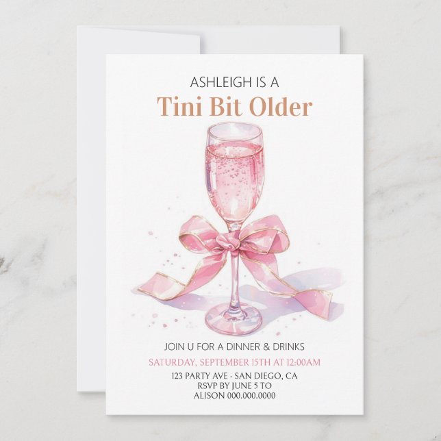 Invitación Cumpleaños Coquette Pink Bow Martini (Anverso)