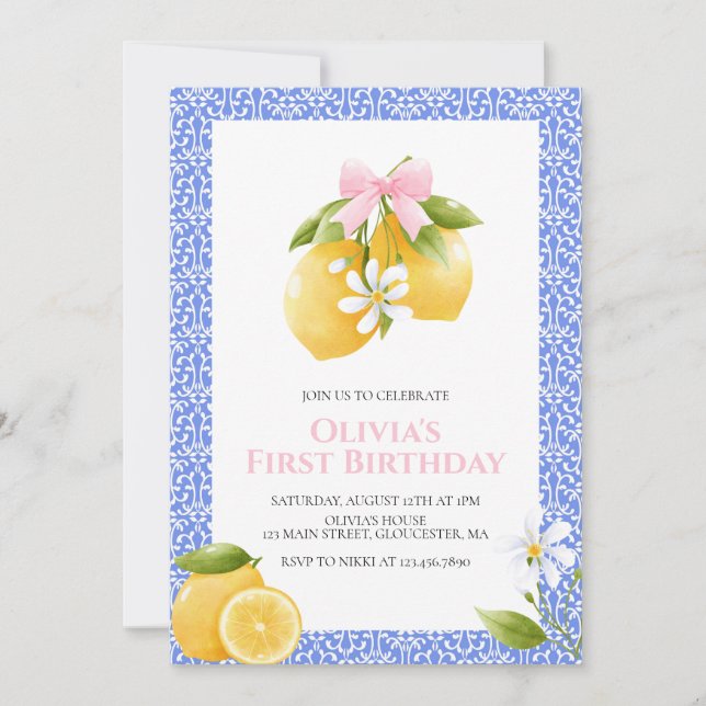 Invitación Cumpleaños Coquette preppy con lazo rosa Limón (Anverso)