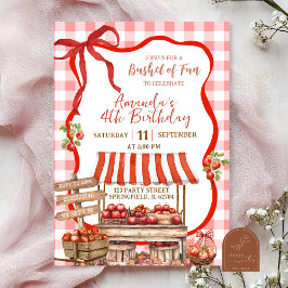 Invitación Cumpleaños Coquette Rojo Cuadros Lazo Manzana Huer