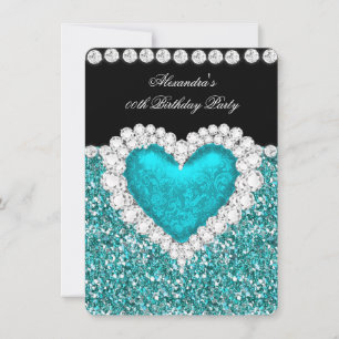 Invitación Cumpleaños Corazón Azul Teal Brillante Elegante 2
