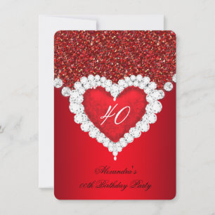 Invitación Cumpleaños Corazón de Diamante Rojo con Brillo Ele