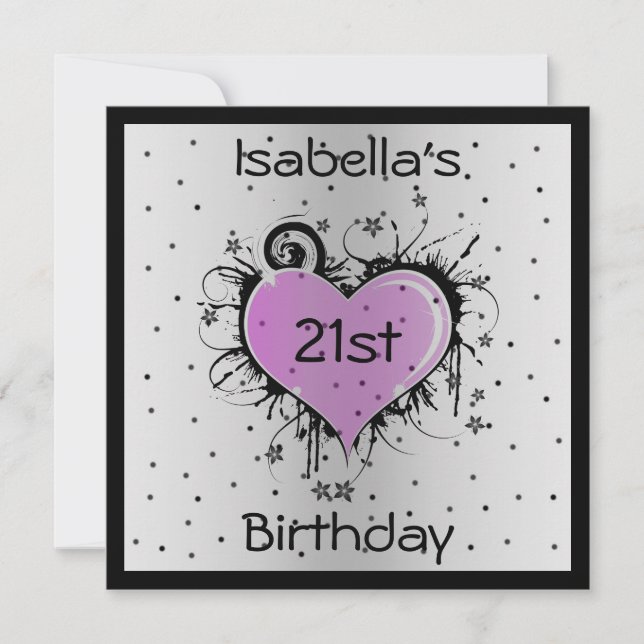 Invitación Cumpleaños Corazón Púrpura en Negro (Anverso)