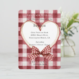 Invitación Cumpleaños Corazón Rayas Cuadros Rojos Blancos