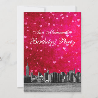 Invitación Cumpleaños Corazón Rojo Rosa Fuerte Silueta de NYC