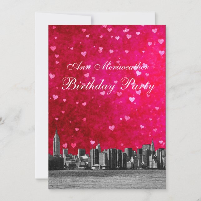 Invitación Cumpleaños Corazón Rojo Rosa Fuerte Silueta de NYC (Anverso)