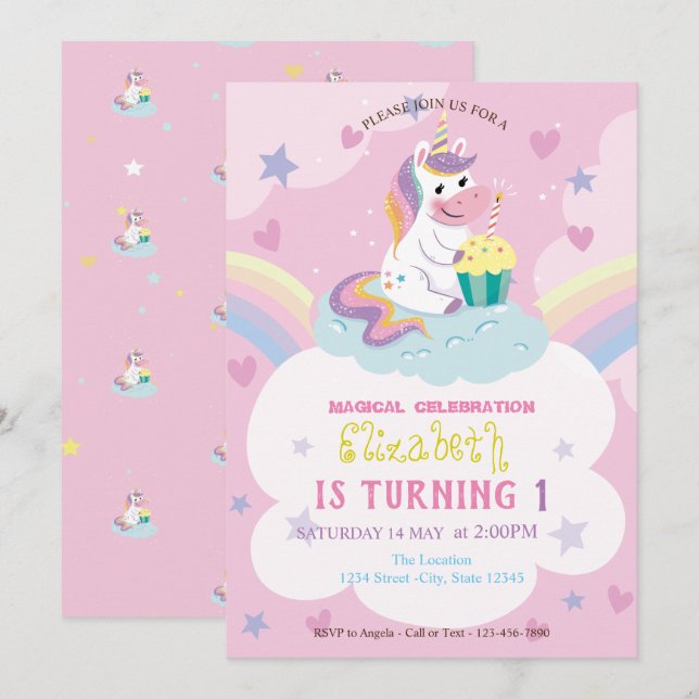 Invitación Cumpleaños Corazones Arcoíris Estrellas Unicornio (Anverso / Reverso)