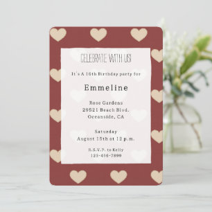 Invitación Cumpleaños Corazones Brillantes Crema Rojo Dorado