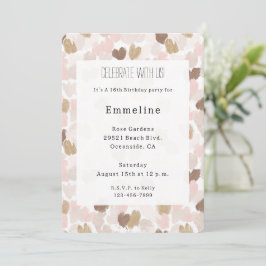 Invitación Cumpleaños Corazones Crema Marrón Rosa Rubor
