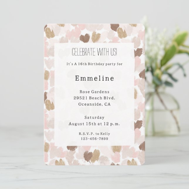 Invitación Cumpleaños Corazones Crema Marrón Rosa Rubor (Anverso de pie)