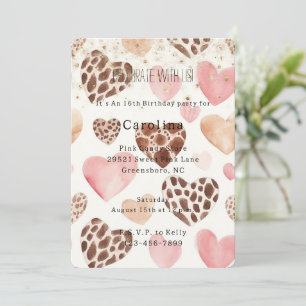 Invitación Cumpleaños Corazones de Animal de Crema Rosa Brill
