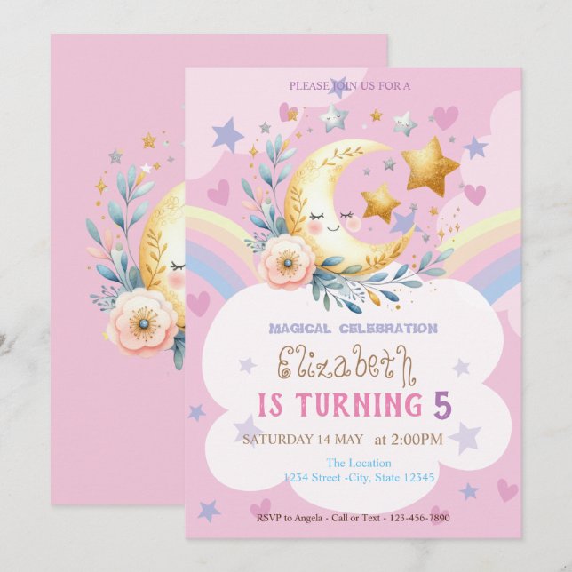Invitación Cumpleaños Corazones Estrellas Arcoíris Flor de Lu (Anverso / Reverso)