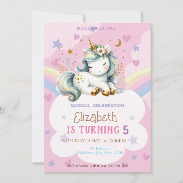 Invitación Cumpleaños Corazones Estrellas Arcoíris Unicornio  (Anverso)