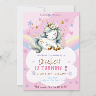 Invitación Cumpleaños Corazones Estrellas Arcoíris Unicornio