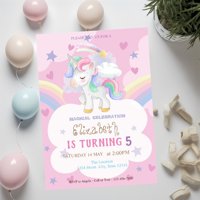 Invitación Cumpleaños Corazones Estrellas Arcoíris Unicornio  (Subido por el creador)