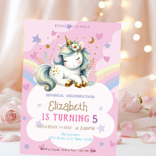 Invitación Cumpleaños Corazones Estrellas Arcoíris Unicornio 