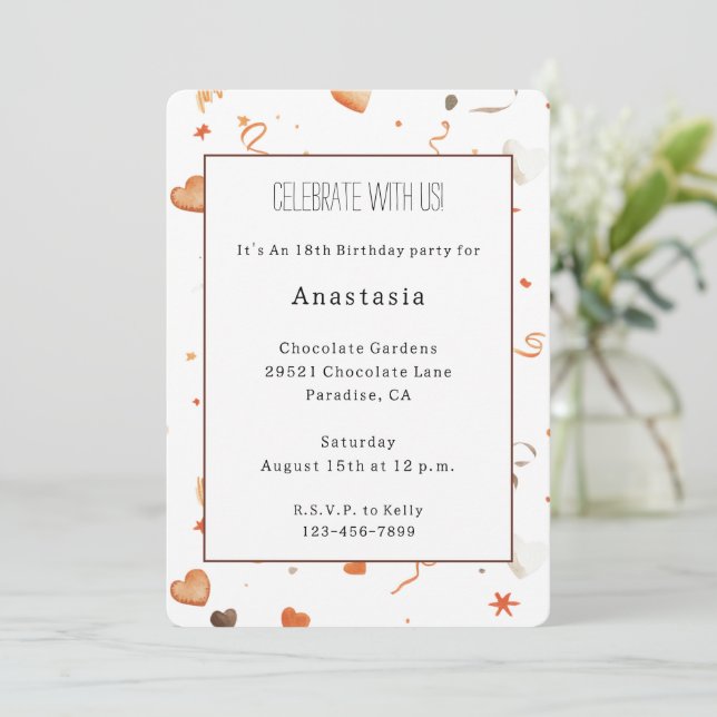 Invitación Cumpleaños Corazones Lazos Naranja Chocolate (Anverso de pie)