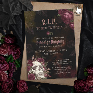 Invitación Cumpleaños Cráneo Oscuro y Rosas RIP Veinteañeros