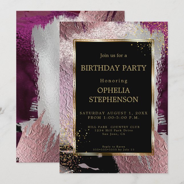 Invitación Cumpleaños | Cruce de broche de cassis metálica au (Anverso / Reverso)