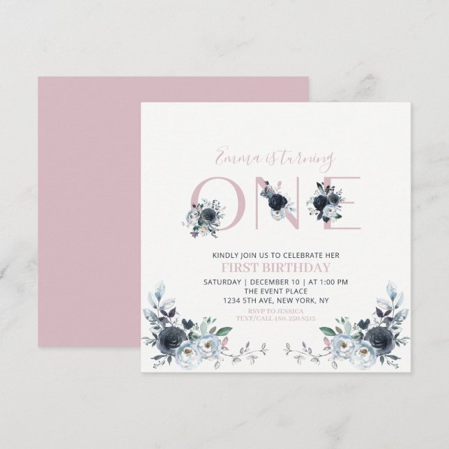 Invitación Cumpleaños cuadrado de Navy y Pink Boho floral niñ (Anverso / Reverso)