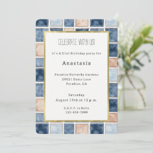 Invitación Cumpleaños Cuadrados de Mezclilla Crema Azul Falso
