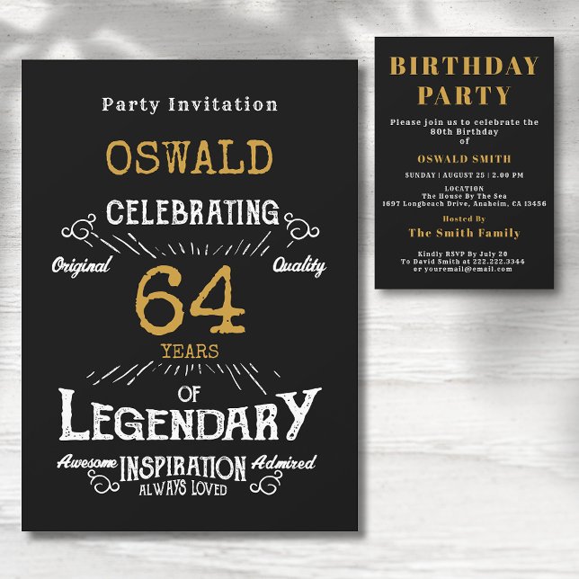 Invitación Cumpleaños Cualquier Edad Legendaria Retro de Oro  (Any age birthday party invitation. Retro black and gold  Legendary design.)