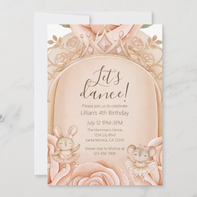 Invitación Cumpleaños cuarto de niñas princesas de ballet (Anverso)