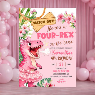 Invitación Cumpleaños cuarto Pink Four Rex On The Loose