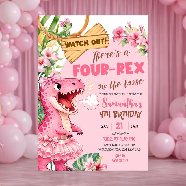 Invitación Cumpleaños cuarto Pink Four Rex On The Loose (Subido por el creador)
