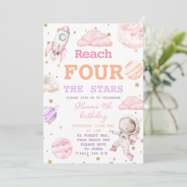 Invitación Cumpleaños Cuatro Estrellas Niña Espacio 4 (Anverso de pie)