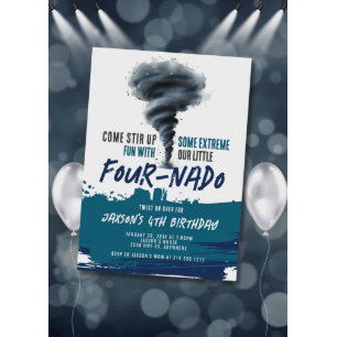 Invitación Cumpleaños Cuatro Torbellino Tornado Azul Grunge