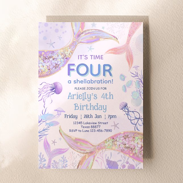 Invitación Cumpleaños Cuatro Una Fiesta de Sirena (Time FOUR A Shellabration Mermaid 4th Birthday Invitation)