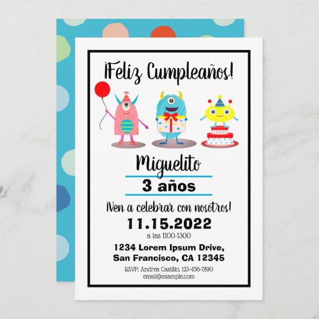 Invitación Cumpleaños/Cumpleaños Monstruos Coloridos Españole (Anverso / Reverso)