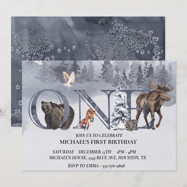 Invitación Cumpleaños Cumpleaños Oso Bosque Invierno Acuarela (Anverso / Reverso)