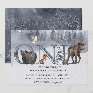 Invitación Cumpleaños Cumpleaños Oso Bosque Invierno Acuarela