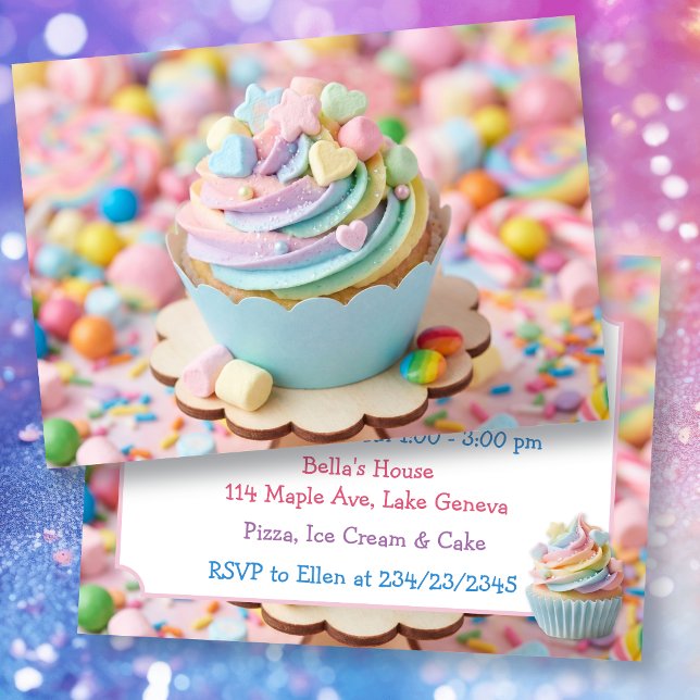 Invitación Cumpleaños Cupcake Arcoíris Malvavisco Pastel (Subido por el creador)