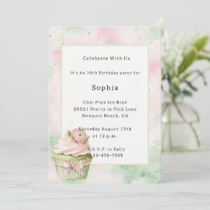 Invitación Cumpleaños Cupcake Flor Abstracta Rosa Menta  