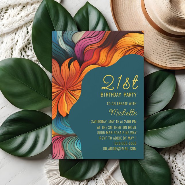 Invitación Cumpleaños Curvas Psicodélicas Retro Naranja Verde (Orange, teal retro psychadelic curves 21st birthday party invitation)