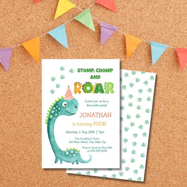 Invitación Cumpleaños Cute Dinosaur Stomp Chomp Rugido (Subido por el creador)