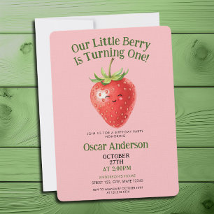 Invitación Cumpleaños Cute Fresa Acuarela Roja Primero